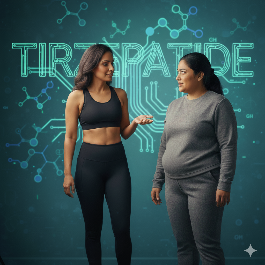 Fitness instructor talking to a woman struggling with weight, with 'Tirzepatide' in the background