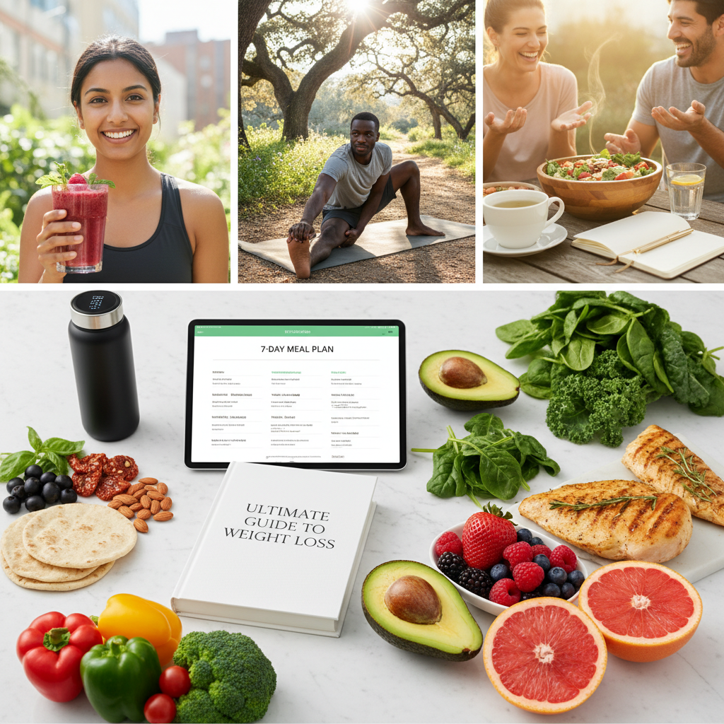 A vibrant image showcasing a balanced meal, exercise equipment, and a person looking energetic and healthy.