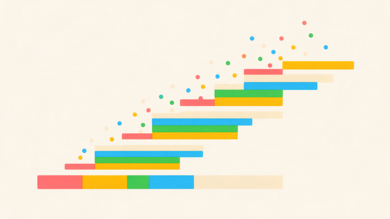 Illustration of ascending coloured bars stepping upward with small sparks rising above them