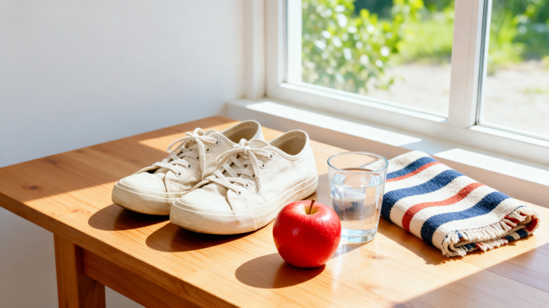 Worn trainers, an apple, a glass of water and a folded blanket arranged on a sunlit table