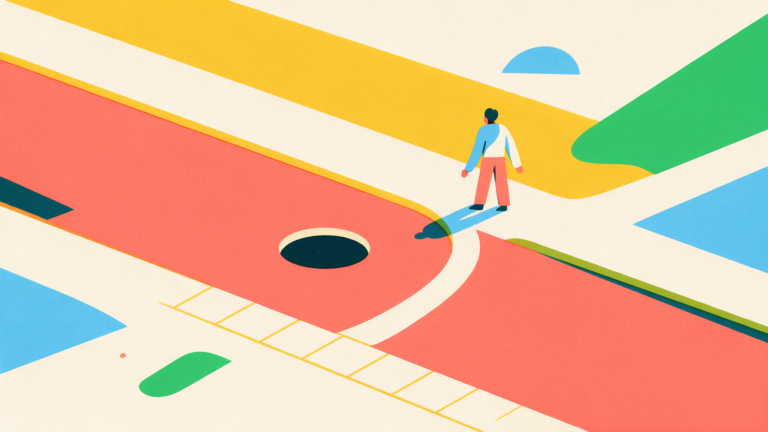 Illustration of two streets seen from above, one with a hole and a path curving around it, the other clear and open