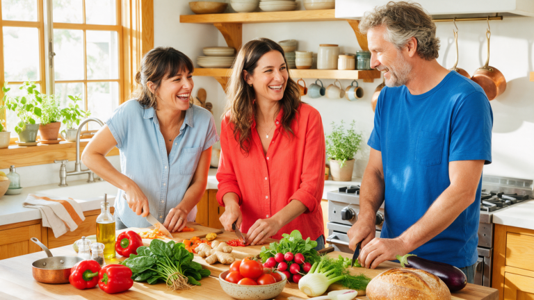 Three adults cooking and talking together in a sunlit kitchen with fresh produce on the counter