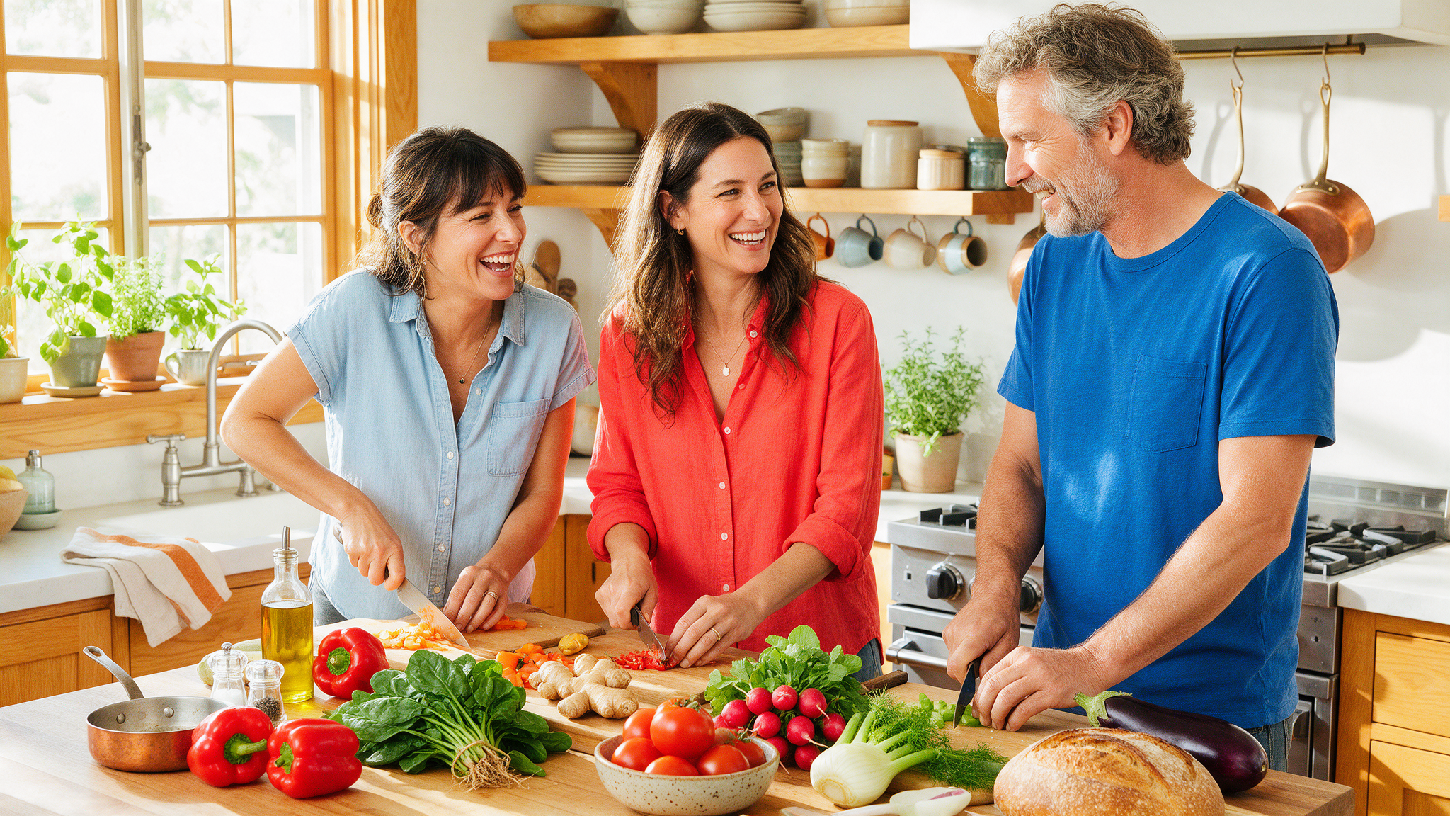Three adults cooking and talking together in a sunlit kitchen with fresh produce on the counter