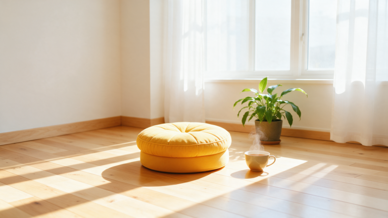 A meditation cushion on a wooden floor in bright early morning sunlight with a cup of tea nearby