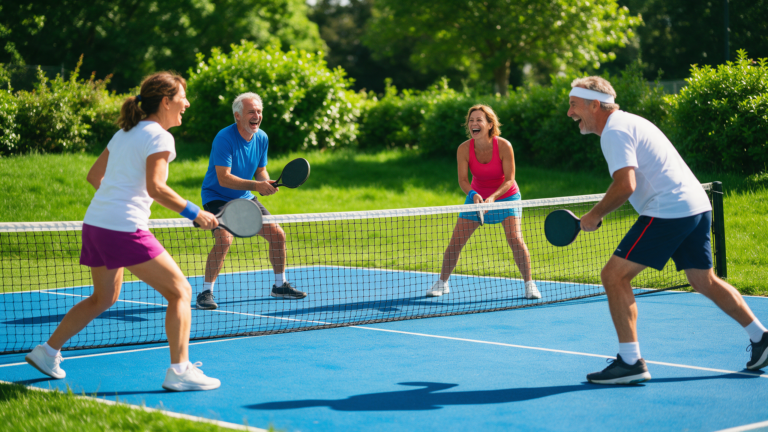 Four adults playing doubles tennis on a sunlit outdoor court, laughing mid-point