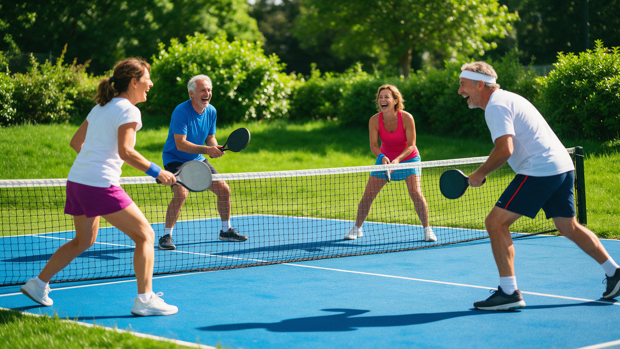 Four adults playing doubles tennis on a sunlit outdoor court, laughing mid-point