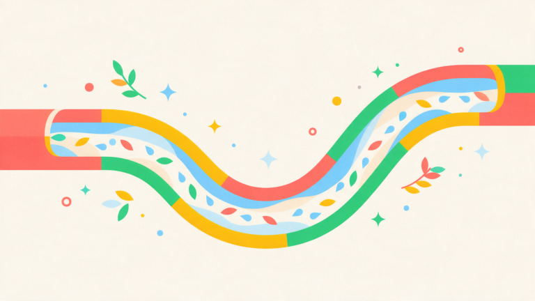 Illustration of a winding channel with water droplets and leaves moving smoothly along it