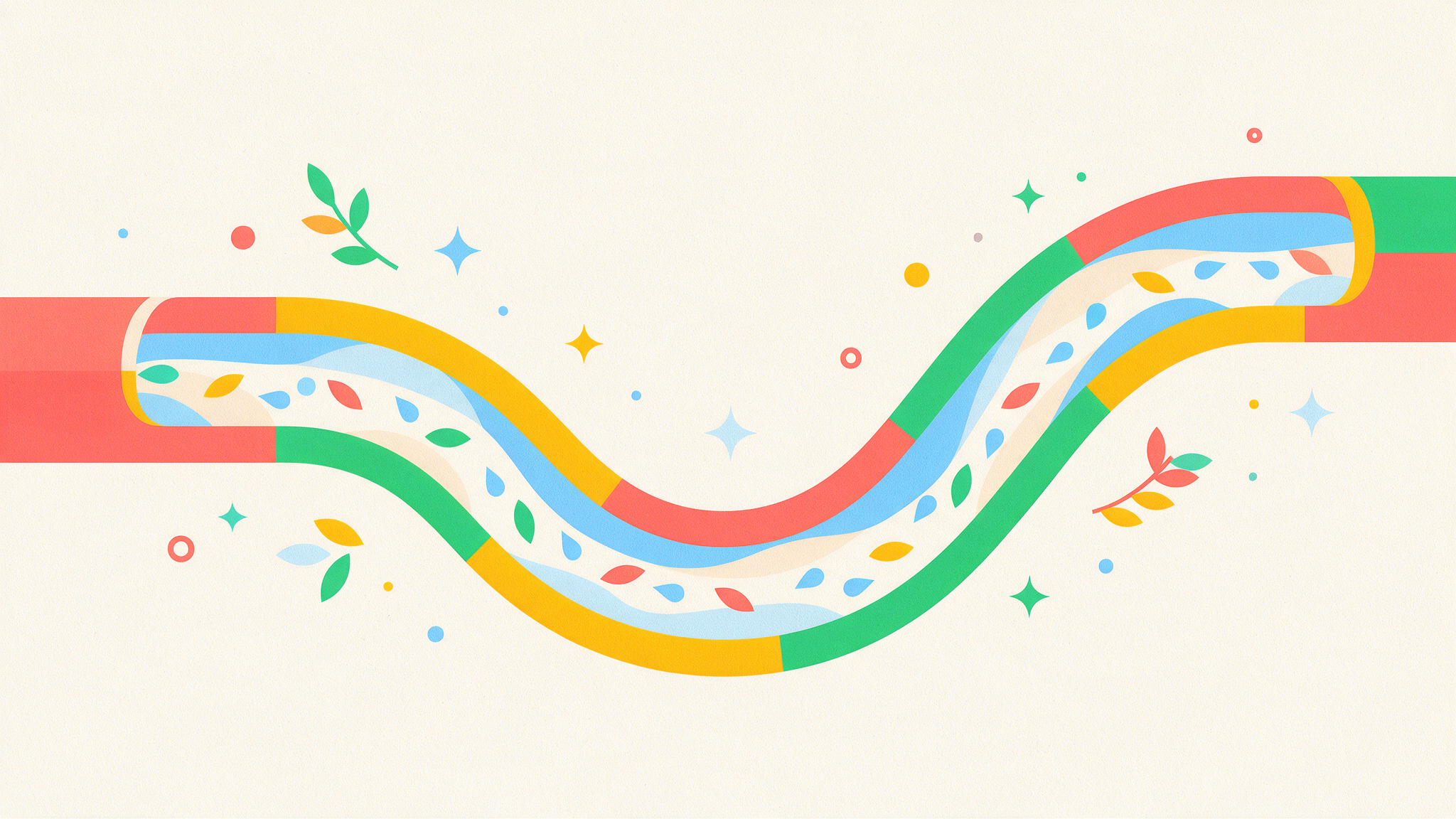 Illustration of a winding channel with water droplets and leaves moving smoothly along it