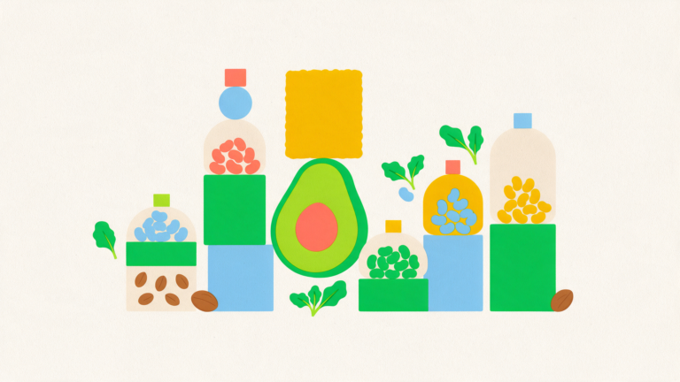 Illustration of stacked columns built from beans, nuts, oats, avocado and leafy greens arranged like a portfolio chart