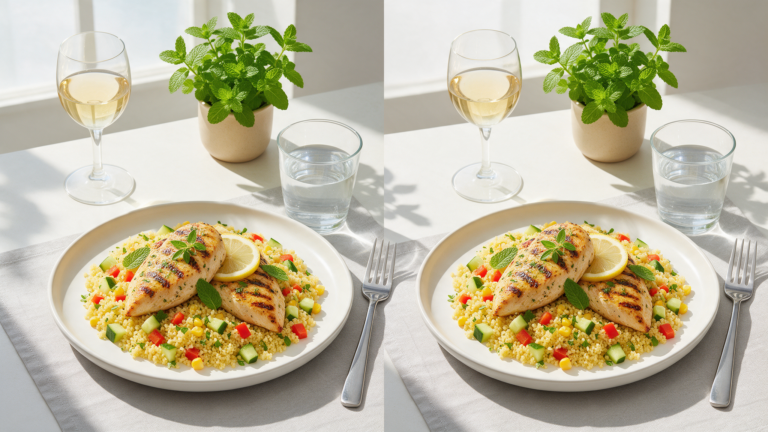 Two identical plated meals side by side on a sunlit table, shot from above