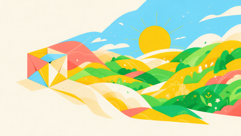 Illustration of a small closed box unfolding outward into a wide bright open landscape