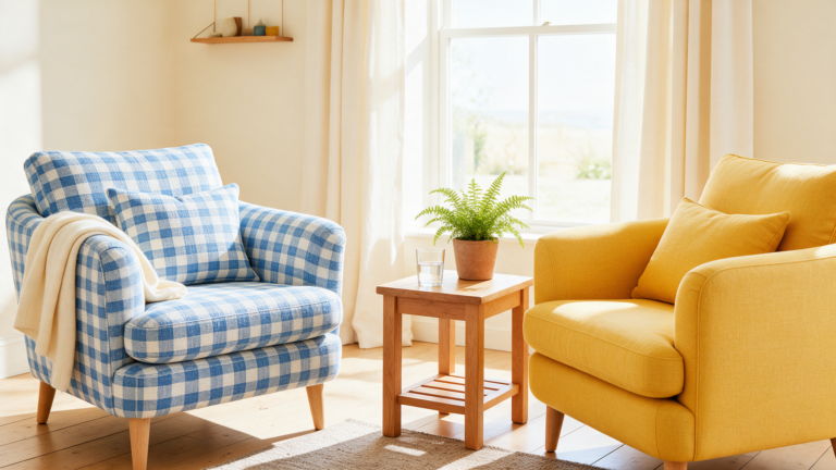 Two armchairs turned toward each other in a sunlit room with a plant on a side table between them