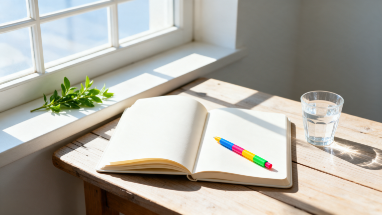 An open blank notebook and bright pen on a sunlit table in brilliant winter morning light