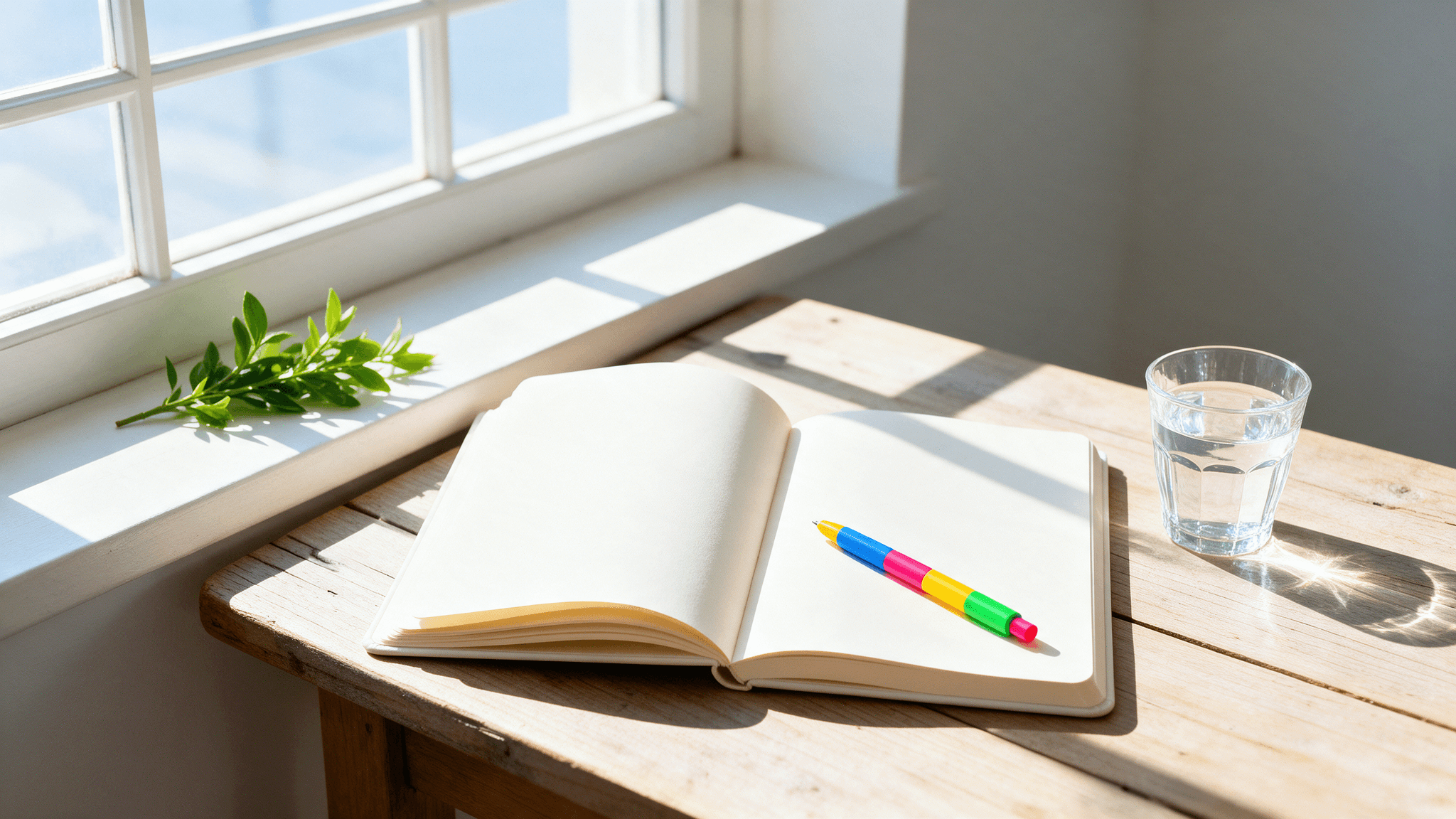 An open blank notebook and bright pen on a sunlit table in brilliant winter morning light