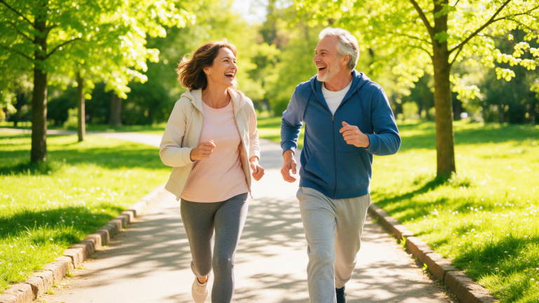 Two friends walking briskly and laughing together along a sunlit park path