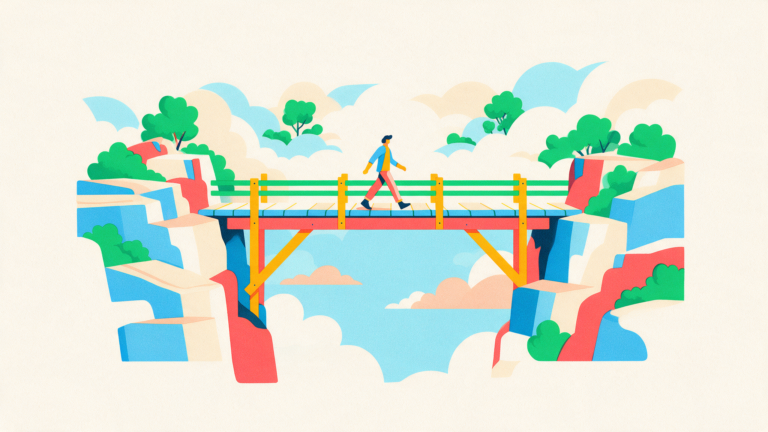 Illustration of a figure walking confidently across a sturdy bridge already built over a gap