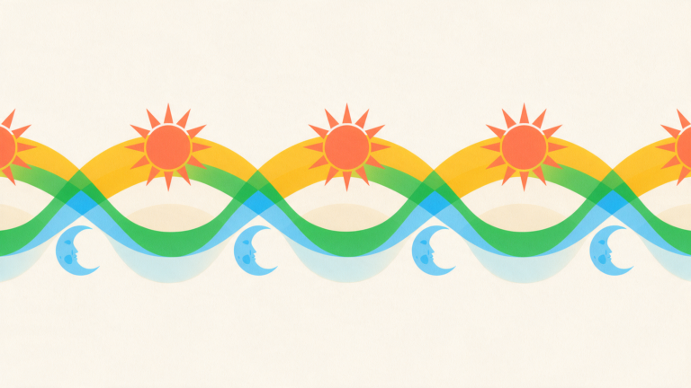 Illustration of evenly spaced alternating suns and moons rising and setting in a steady repeating wave