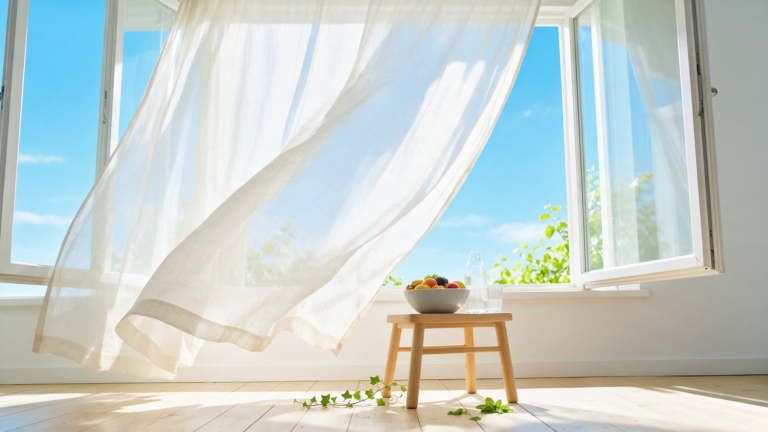 An open window with a sheer curtain lifting in the breeze against a bright blue sky