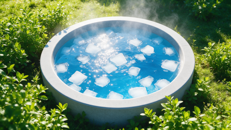 An outdoor cold plunge tub with clear water and floating ice seen from above in bright morning sunlight