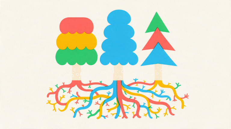 Illustration of three trees growing from one shared connected root system