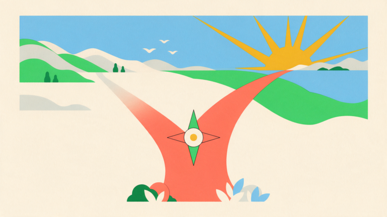 Illustration of a path forking, one branch fading and the other opening toward a warm sun, with a compass at the fork