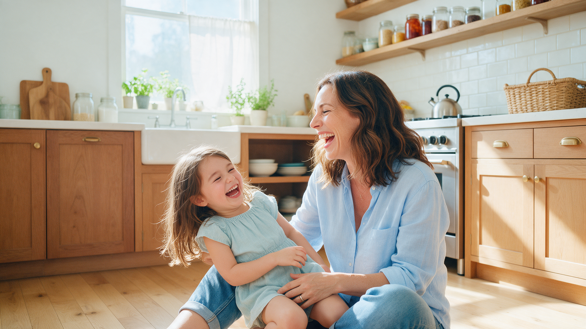 A mother and her young daughter laughing together on a sunlit kitchen floor