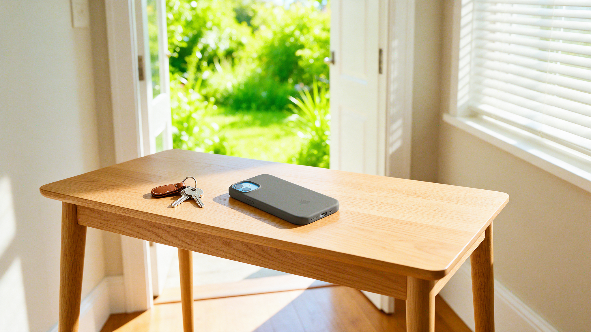 A phone left face down on a sunlit hallway table beside keys, with an open door to a bright garden