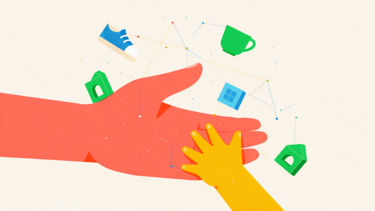 Illustration of a large hand and a small child's hand reaching toward each other with small objects floating around them