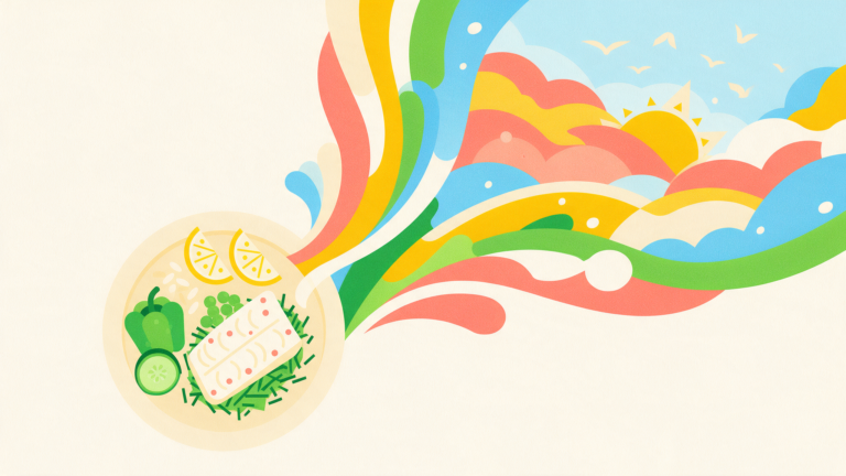 Illustration of a plate of vegetables and fish whose colours rise across the frame into a sunrise with birds