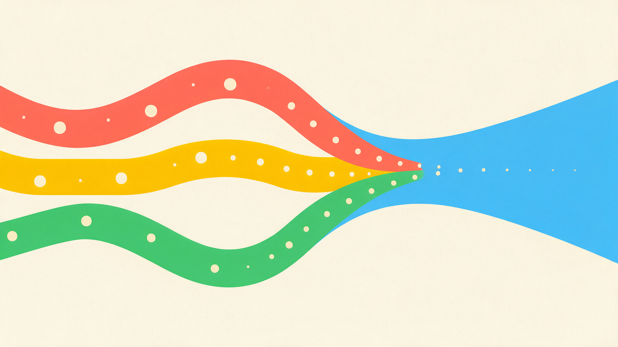 Illustration of three bright coloured channels converging into one strong stream