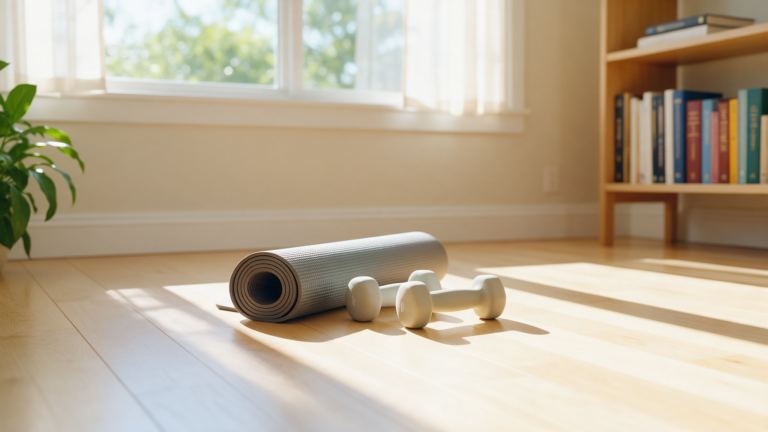 Small dumbbells on a sunlit wooden floor beside a rolled exercise mat in bright morning light