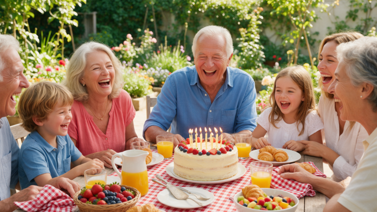 A multigenerational family laughing around a sunlit table with a birthday cake