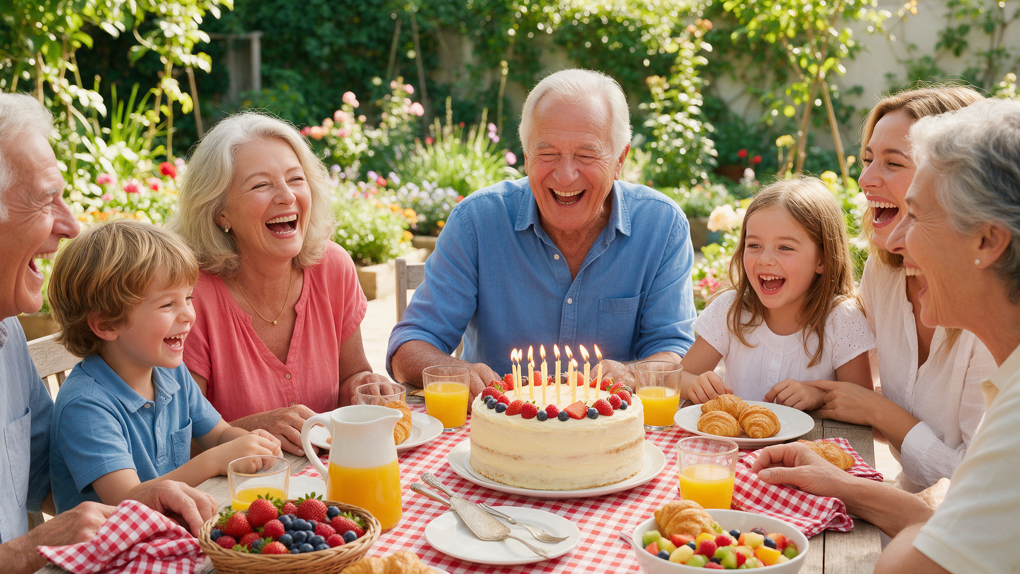A multigenerational family laughing around a sunlit table with a birthday cake