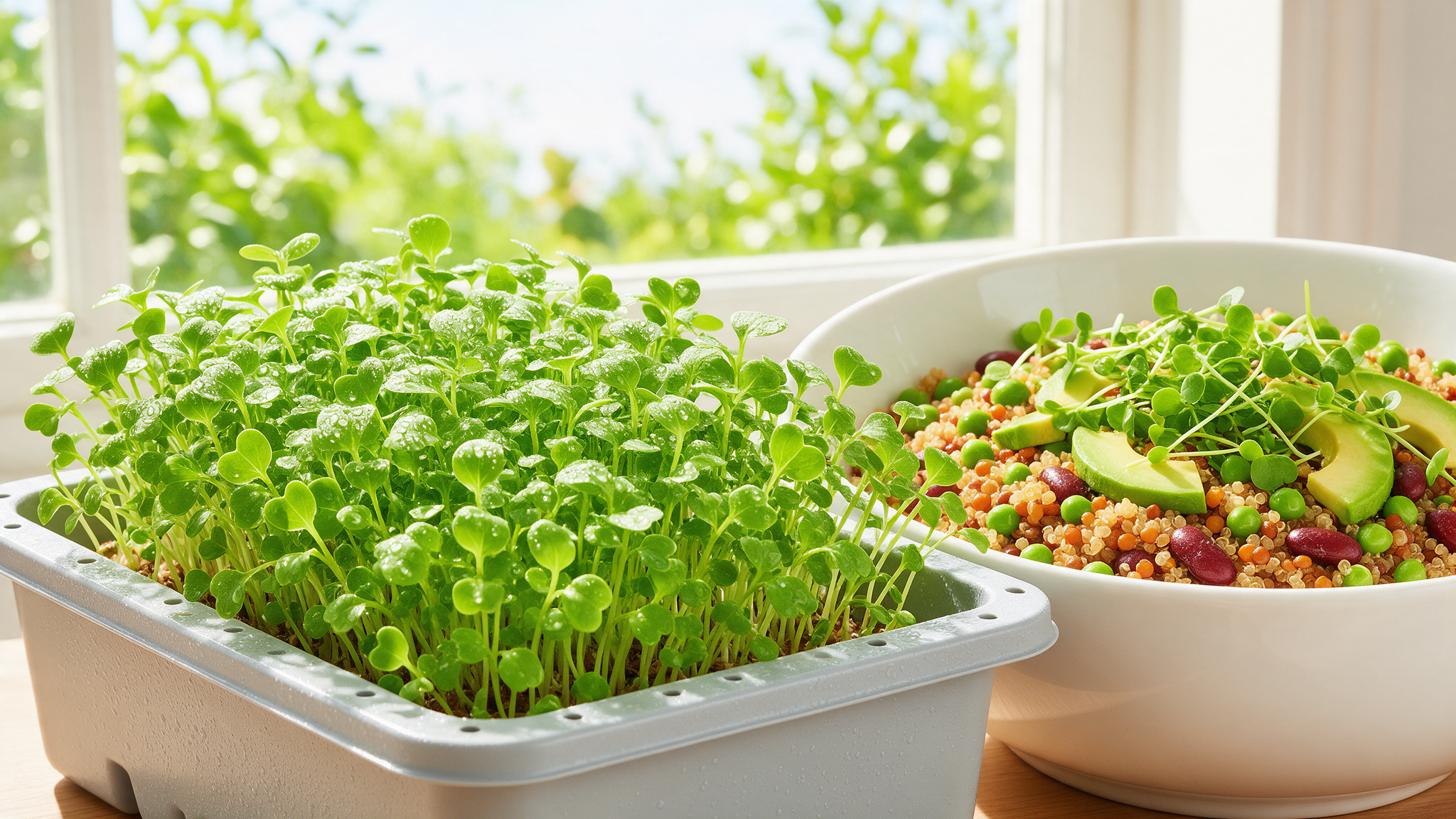 Overhead close-up of vivid green microgreens in a tray with a handful scattered over a bowl of food