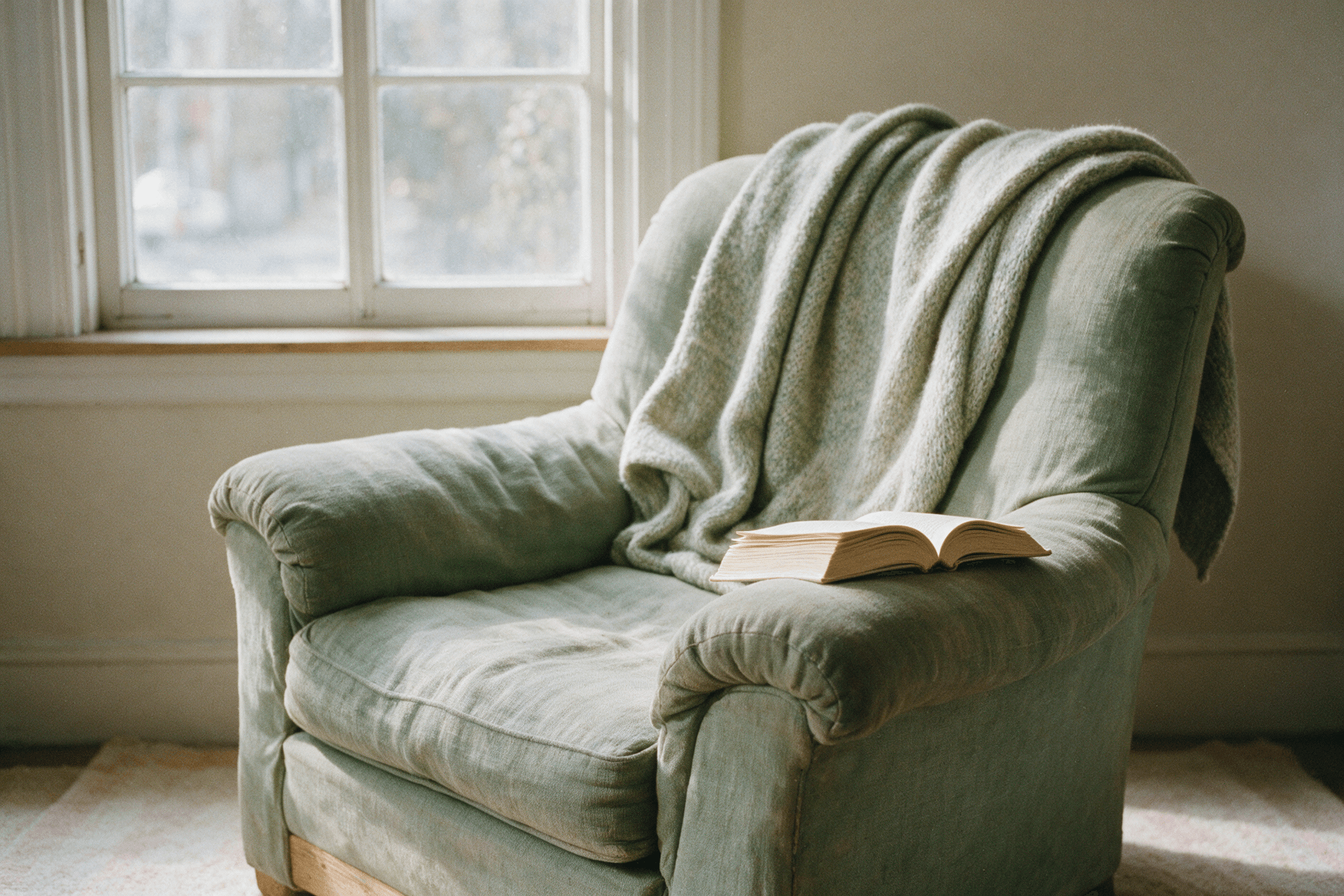 A worn linen armchair beside a window with an open book placed face-down on the armrest