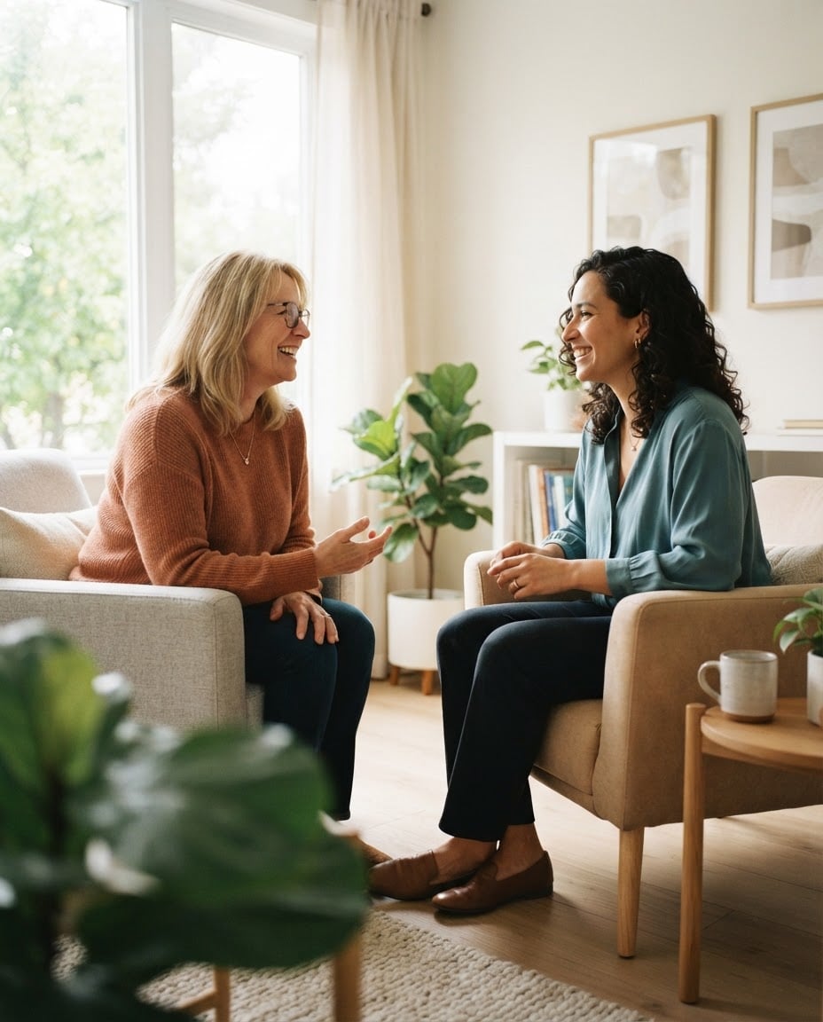 A patient and a health coach in conversation in a bright consultation room