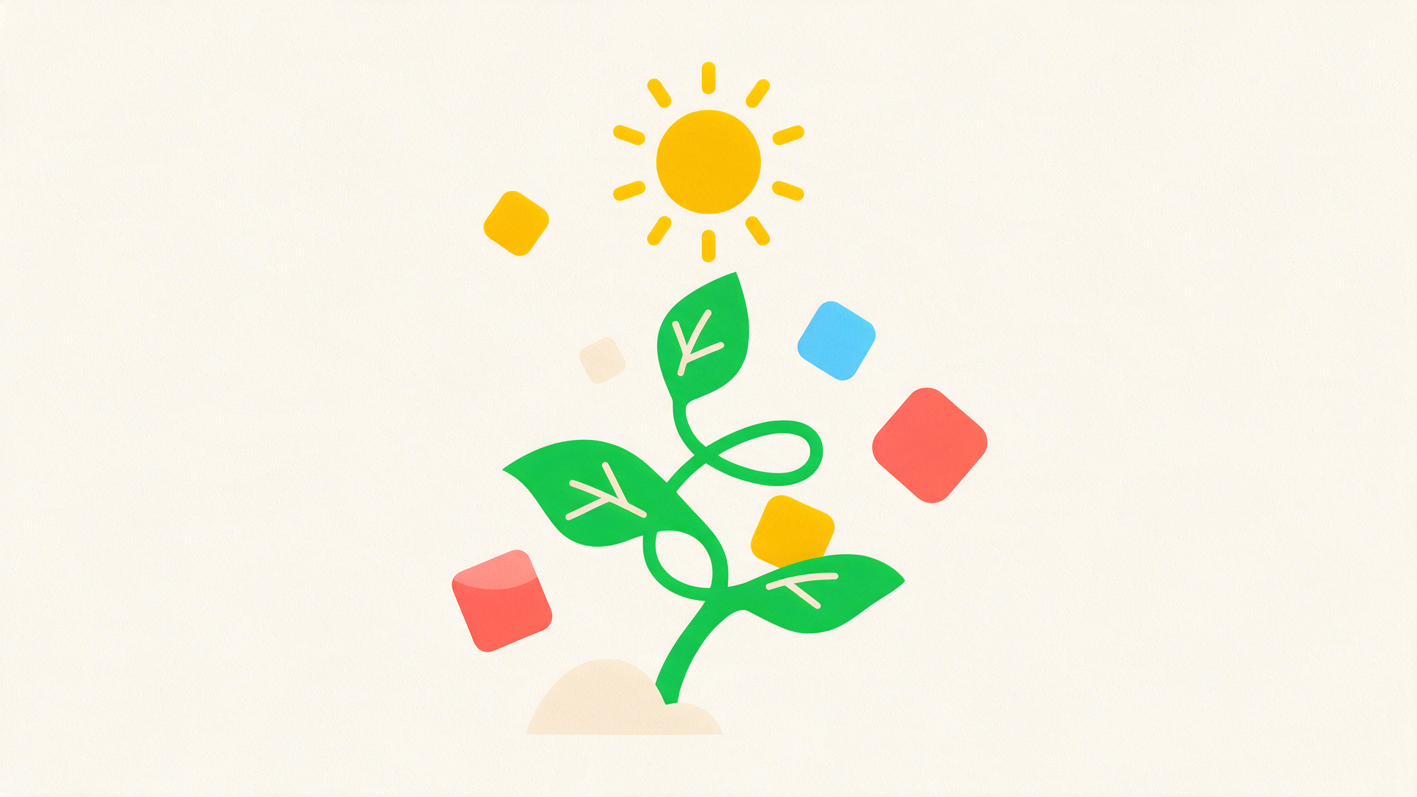 Illustration of a bright green sprout winding upward past floating blocks toward a warm sun