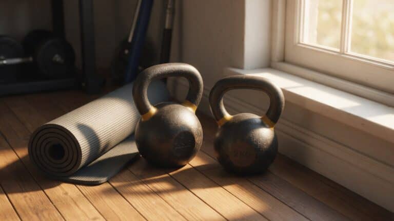 Two kettlebells and a rolled exercise mat on a wooden floor in afternoon window light
